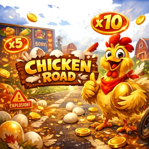 Vibrant promotional image featuring a playful chicken mascot on a road, surrounded by coins and feathers with a dynamic casin